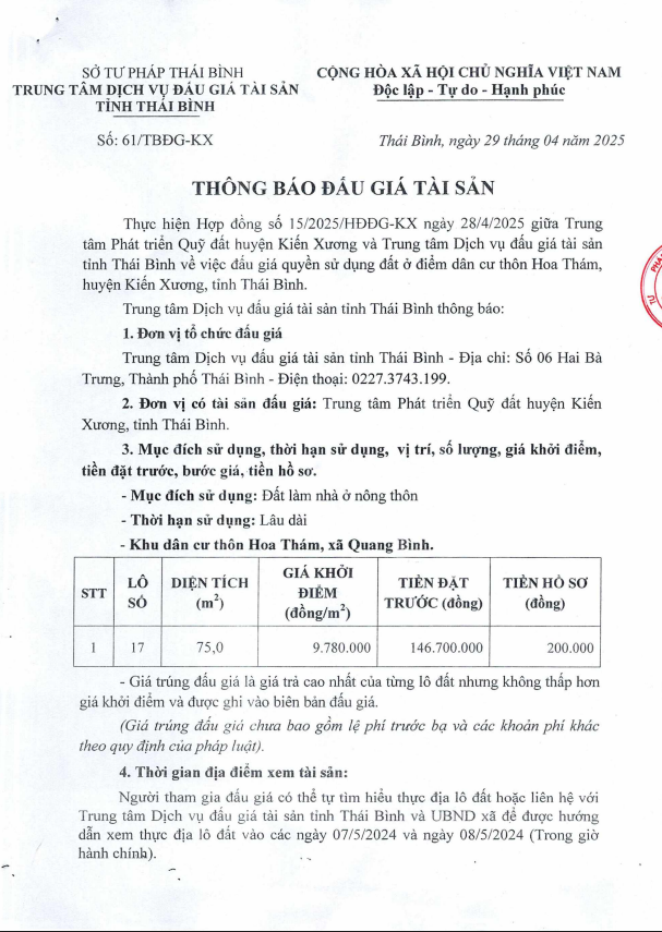 Đấu giá quyền sử dụng đất ở điểm dân cư thôn Hoa Thám, huyện Kiến Xương, tỉnh Thái Bình