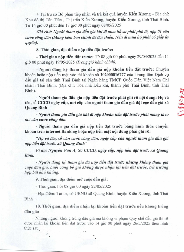 Đấu giá quyền sử dụng đất ở điểm dân cư thôn Hoa Thám, huyện Kiến Xương, tỉnh Thái Bình