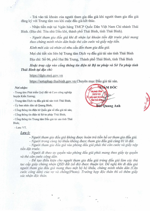 Đấu giá quyền sử dụng đất ở điểm dân cư thôn Hoa Thám, huyện Kiến Xương, tỉnh Thái Bình
