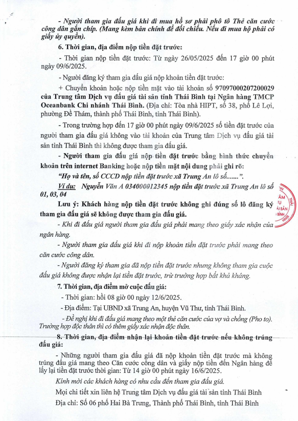 Thông báo đấu giá tài sản: Khu dân cư thôn Bồn Thôn xã Trung An - Huyện Vũ Thư - Tỉnh Thái Bình