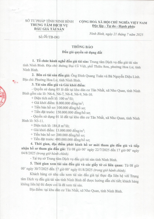 Đấu giá quyền sử dụng đất khu dân cư Tân Nhất - Nho Quan - Ninh Bình